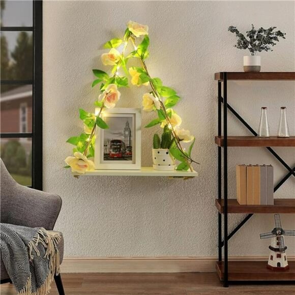 Floating Boho Wall Shelves Hanging Plant Shelf No Drill Rustic Wood Decor Set - Picture 4 of 7